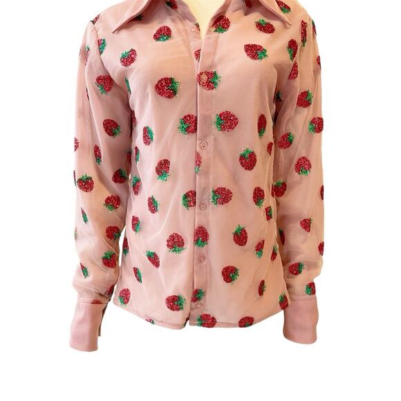 Lirika Matoshi Strawberry Button Down Sheer Shirt Glitter Pink Small - Picture 3 of 11
